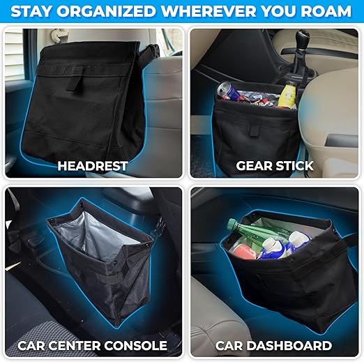 EcoNour Foldable Car Trash Bag Hanging, Garbage Bag and Waterproof Trash Can for Car, Leakproof Trash Can, SUV and Truck Seat Backs, Home, Office - Holds 2.5 Gallons (Black)