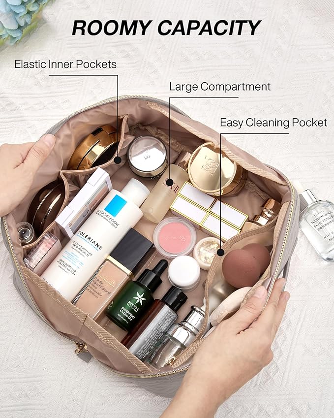 BAGSMART Makeup Bag Cosmetic Bag, Travel Makeup Bag,Water-resistent Makeup Bags for Women Portable Pouch Open Flat Make Up Organizer Bag for Toiletries, Brushes, Tranquil Gray