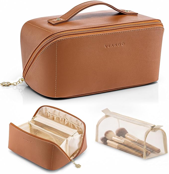 VLANDO Makeup Bag,Travel Toiletry Bag,Cosmetic Bag for Women PU Leather Portable Make up Bag for Skincare, Brushes & Travel Essentials-Brown
