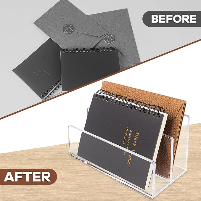 Acrylic Mail Organizer File Sorters for Desk,2-Section Laddered Desktop Vertical Letter Holder,Desk Organizer Workspace Organizer
