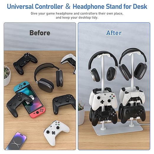 MANMUVIMO Headset Controller Stand for 2 Headset and 8 Controller, Headphone Stand Gaming Controller Holder for PS5 Xbox Airpods Beats Bose, Gaming Room Accessories, Gamer Gifts for Men (White)