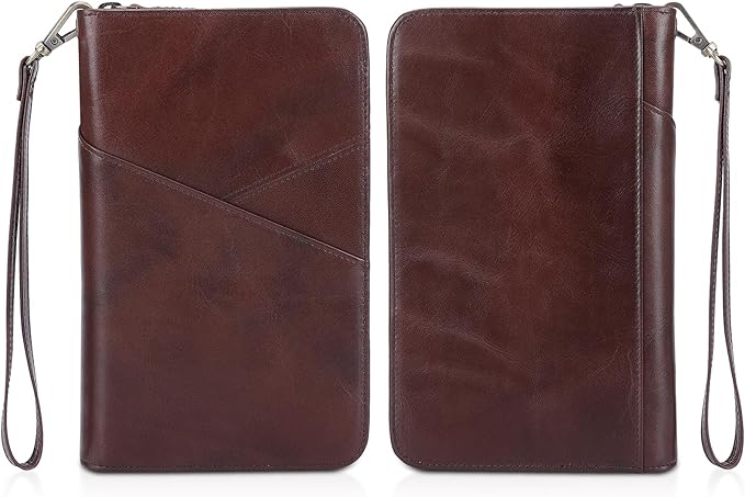 Polare Full Grain Leather Passport Holder With YKK Zipper RFID Blocking Travel Document Organizer Ticket Holder Cover Case Holds 2 Passports (Coffee)