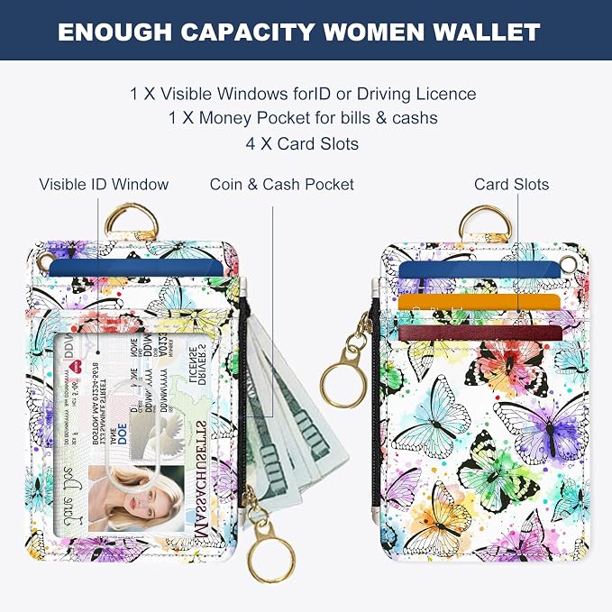 Slim Wallet Credit Card Holder, Watercolor Butterfly, RFID Wallet Women Cute Small Front Pocket Wallet With Zipper, PU Leather Thin travel RFID Blocking Card Case ID Window,Ladies Gifts