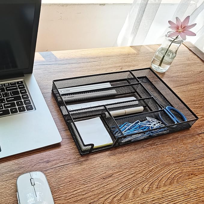 Metal Mesh Desk Drawer Organizer Tray, 6-Compartment Office Drawer Organizer for Pens Supplies, 12.6"x8.27"x1.57" Black