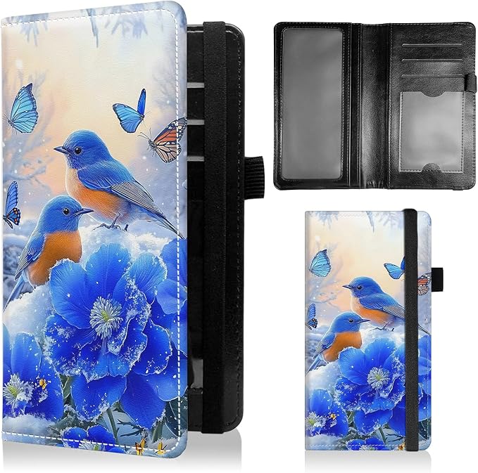 Check Book Cover for Personal Checkbook with Duplicate Checks for Women's & Men PU Leather Wallets Check Book Holder with Pen Card Slots Elastic Strap,Cute Blue Bird