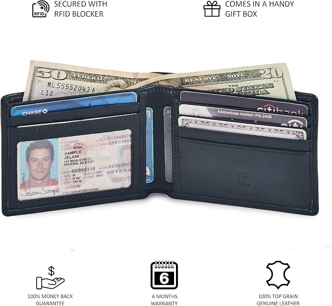 Real Leather Mens Bifold Wallet RFID Blocking Slim Minimalist Front Pocket - Thin & Stylish with ID Window in Gift Box (Nappa, Midnight Navy)