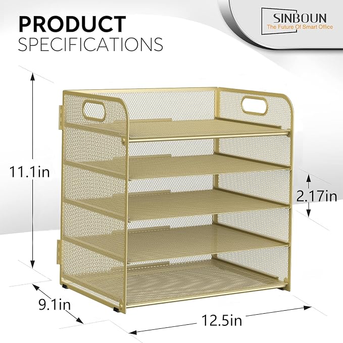 Sinboun Letter Tray Paper Organizer 5-Tier Desk Organizer File Organizer Paper Holder with Handle, Metal Desktop Document Shelf Tray Office Classroom Organization - Gold