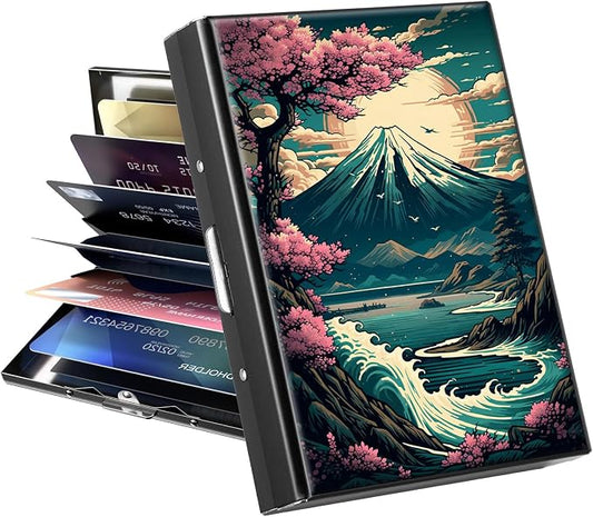 Metal Wallet, Credit Card Holder for Women Men Girls, RFID Blocking Aluminum Wallet Slim Hard Case, Mini Travel Wallet, ID Card Holder Business Card Case,Japanese Cherry Blossom
