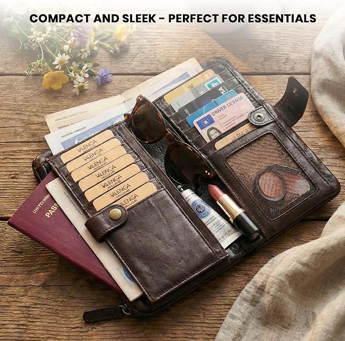Genuine Leather Wallets for Women, Small Wallet for Ladies Zipper Coin Purse Credit Card Holder with Strap (VL-167-BROWN)