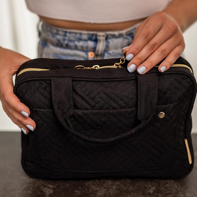 Carrywell Travel Toiletry Bag for Women with Hanging Hook, Makeup Organizer Case, Water-Resistant Cosmetic Bag For Full-size Containers, Toiletries, Black Large+, Not Made In China