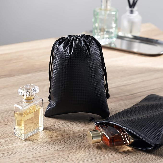 PALTERWEAR Tech-Weave PU-Coated Drawstring Bags (Set of 5) Water-Resistant, Directional-Stretch Travel Organizers for Phone, Toiletries, Tech Gear, Collections - Wipe-Clean (Black 3D, 5 x 7 Inch)