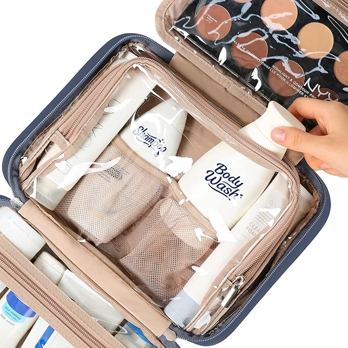 NISHEL Travel Toiletry Bag for Women, Makeup Essentials Organizer, Hanging Case for Accessories, Cosmetics, Medium Size, Aegean-Blue