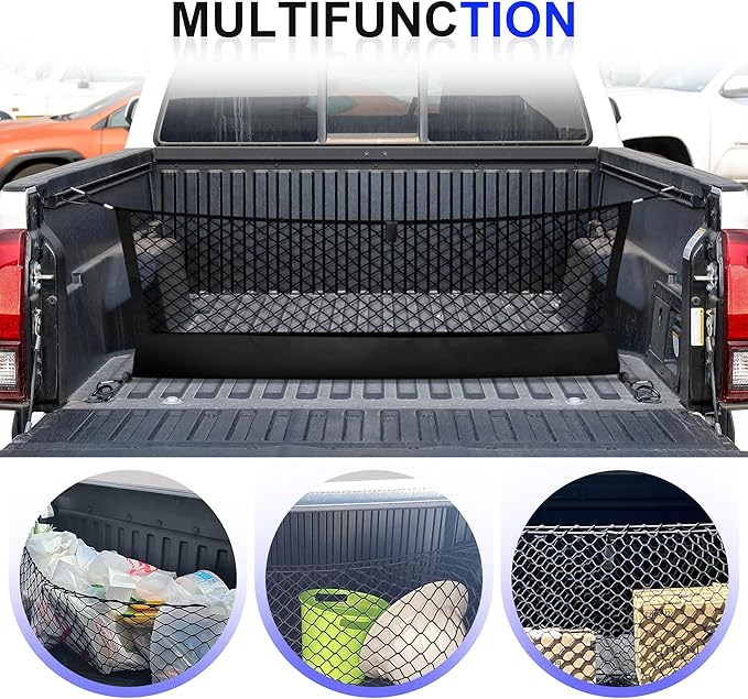 Truck Bed Cargo Net for Toyota Tacoma 2005-2024, Envelope Style Pickup Cargo Net with Storage Bag, Heavy Duty Elastic Mesh Organizer with Carabiners, Secures Groceries & Gear