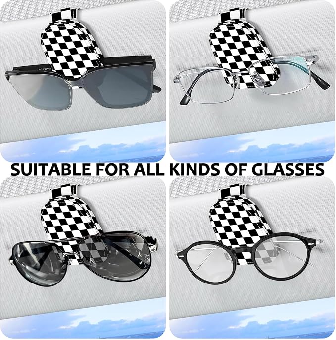 2 Pack Magnetic Leather Sunglass Holder, Universal Magnetic Car Eyeglass Hanger Clip for Different Size Eyeglasses, Car Visor Accessories (Black Plaid)