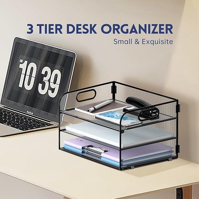 Supeasy 3 Tier Paper Organizer with Handle, Mesh Desk Organizer Letter Tray, Paper Tray File Organizer for A4 File Folder, Black, 2 Pack