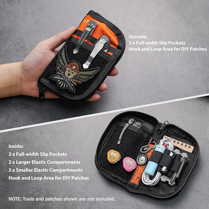 VIPERADE VE22 EDC Pouch Small Pocket Organizer with 9 Compartments, Pocket Tools Pouch with DIY Patches Areas, Compact Multitool Organizer Bag for Men