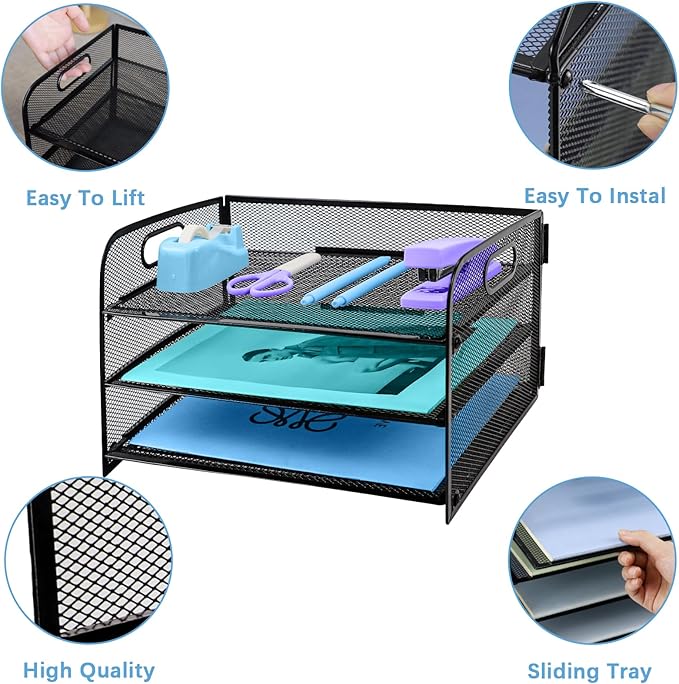 3 Tier Desk Organiser with Handle, Pull-Out Mesh File Organizer for Letter Tray Organizer Mesh Desk Organiser Tray Paper Storage Rack for A4 File Office Supplie, Black
