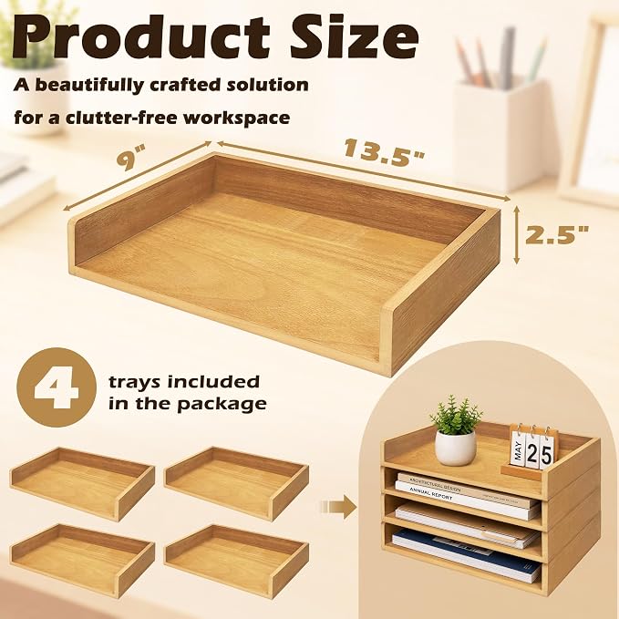 PROLEE 4 Pack Stackable Paper Tray, Wooden Paper Tray Organizer with Letter Tray, Paper Holder for Desk, Desktop File Storage Rack for Study, Home and Office (Oak)