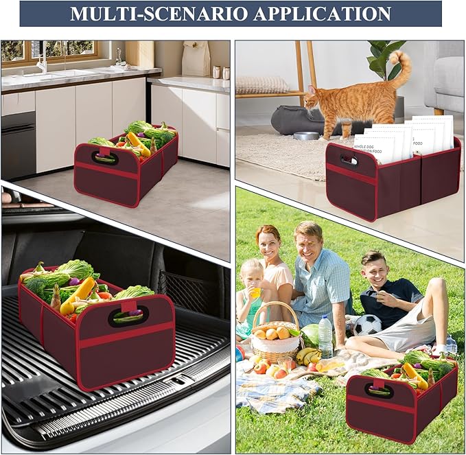 Car Trunk Organizer, Foldable Car Trunk Storage Box with 2 Compartments & Mesh Pocket, Large Capacity, Portable with Handle, Collapsible Backseat Storage Organizer for SUV Truck Sedan (Red)