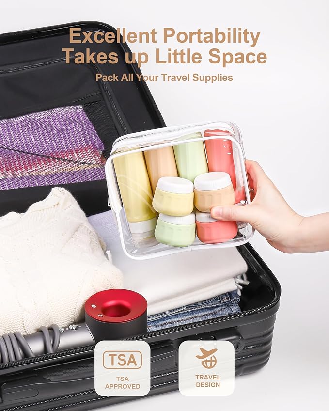 Mrsdry Travel Bottles for Toiletries 8 Pack, Travel Size Toiletries, Tsa Approved Travel Size Containers 3oz, with Travel Essentials Clear Bag, Leak Proof Silicone Squeezable Creams Jars