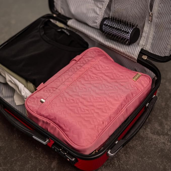 Carrywell Toiletry Travel Bag For Women with Hanging Hook, Makeup Organizer Case, Water-Resistant Cosmetic Bag For Full-size Containers, Toiletries, Pink Large, Not Made In China
