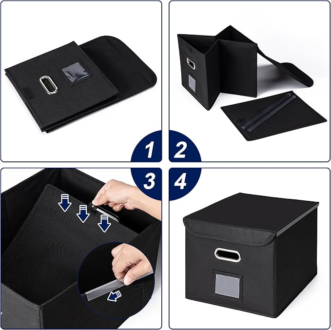 CADONO File Organizer Box with Lid, Large Hanging File Folder Organizer with Plastic Slide, Collapsible Portable Filing Storage Boxes for Office/Decor/Home (Black, 14.9 x 12.59 x 10.8 inch)