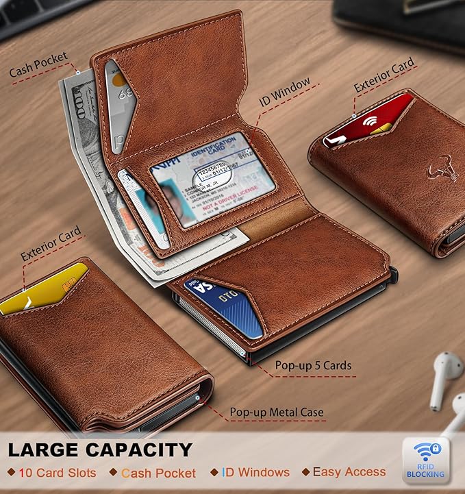 BULLIANT Men Wallet Leather Wallet Card Holders Money Clip for Men 10Cards-Magnetic Flip on Metal Case