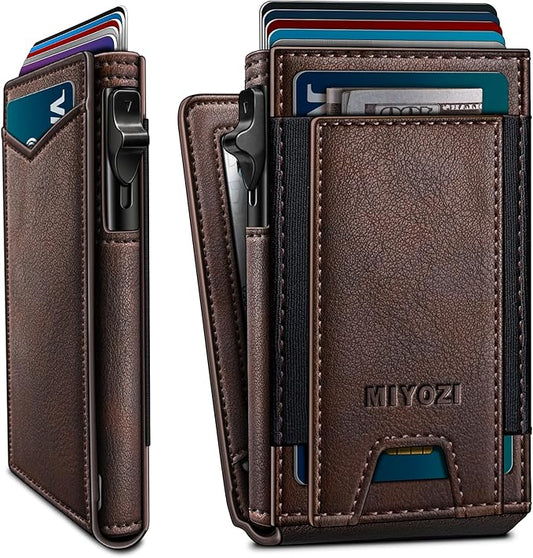miyozi Wallet for Men, Slim Pop Up Card Holder - RFID Blocking Minimalist Bifold Wallet with ID Window, Holds 9-11 Cards & Stretchable Strap, Metal Flip Case with Magnetic Closure, Gift Box