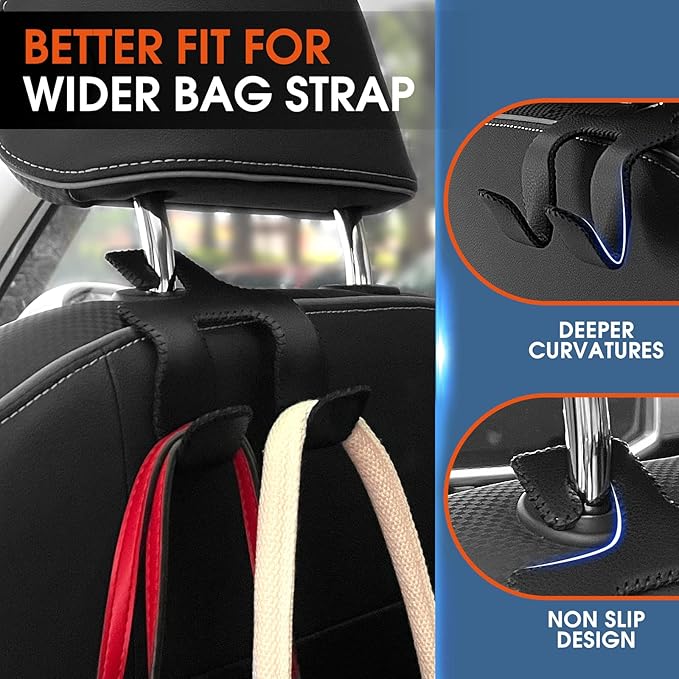 Car Headrest Hooks for Purses and Bags, Upgraded 2 in 1 Cars Back Seat Head Rest Hanger Vehicle Leather Organizer Storage Holder Hook Matching Cars Interior, 2-Pack, Black