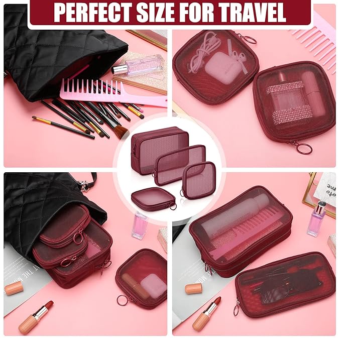 Weewooday 4 Pcs Mesh Makeup Bag Mesh Cosmetic Bag Travel Toiletry Pouch with Zipper Mini Makeup Cosmetic Purse for Daily Accessory(Small, Large, Medium,Wine Red)