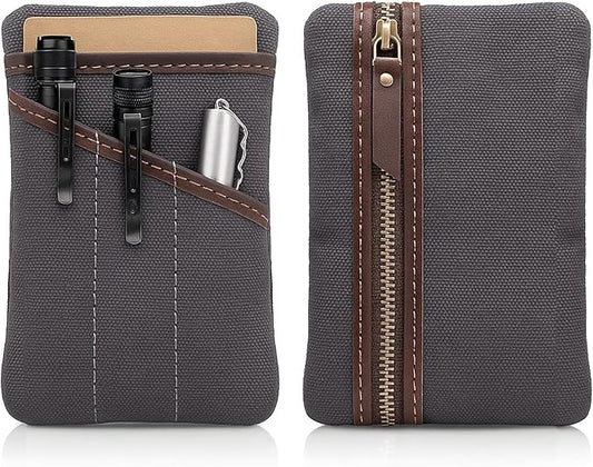 Waxed Canvas EDC Pocket Organizer for Men - Multi-Tool Back Pocket Pouch for Phone/Notebook, Pen, & EDC Gear - Water-Repellent Leather Tool Pouch, Sizes: 6” x 4” & 7” x 5”