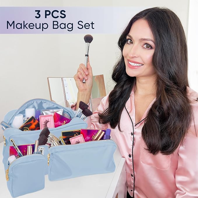 3-Piece Makeup Bag Set: Mini, Small & Large Cute Travel Toiletry Bags for Women & Girls (Light Blue)