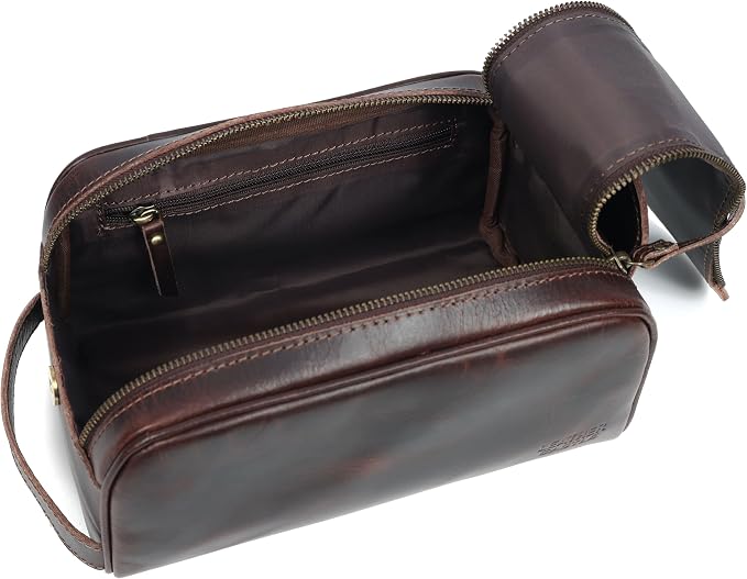 Toiletry Bag | Leather Dopp Kit for Men & Women – Travel Organizer with Multiple Compartments, Water-Resistant, Durable & Stylish | Grooming Essentials, Shaving & Makeup Pouch (Brown)