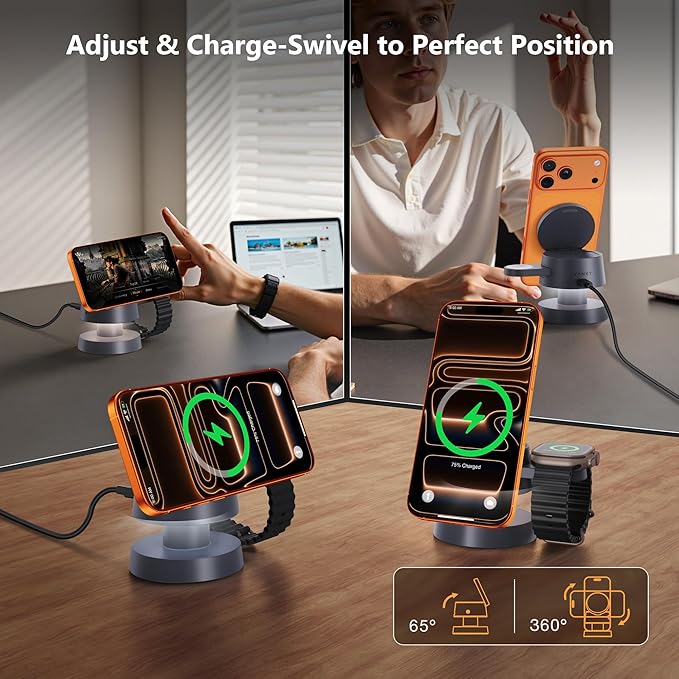 iVANKY Qi2 Certified 3 in 1 Mag-Safe Charger Stand, 15W Fast Magnetic Wireless Charging Station with Night Light for iPhone 17e 17 16 15 14 13 Pro Max, Apple Watch, AirPods 4/3/2/Pro(No AC Adapter)