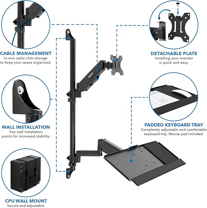 Mount-It! Single Monitor Arm Wall Mount Workstation with Keyboard Tray & CPU Holder, Height Adjustable Gas Spring Full Motion Computer Station, Fits 17??2??VESA 75x75 100x100, Black