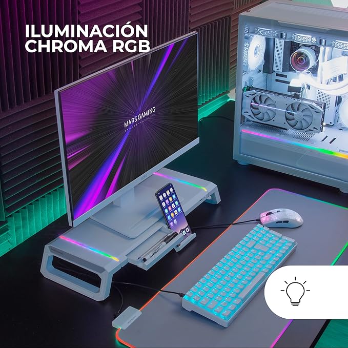 Mars Gaming MGS-ONE White, Chroma RGB Monitor Stand, Adjustable Size, Smartphone and Tablet Stand, Front USB 2.0