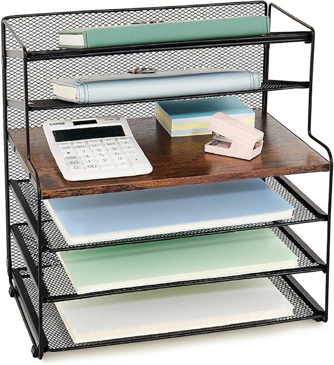 OPNICE 6-Tier Letter Tray Paper Organizer, Desk Organizers and Accessories, Desktop File Organizer, Office Desk Accessories for Office Supplies (Wood Brown)