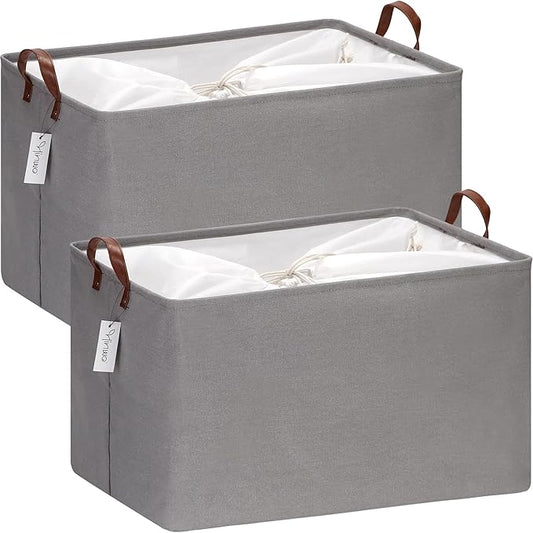 Hinwo 70L Extra Large Storage Bins, 2-Pack Closet Organizers and Storage, Foldable Clothes Storage Baskets with Handles, Containers for Clothing, Blanket, Comforters, Toys, Bedding (Gray)