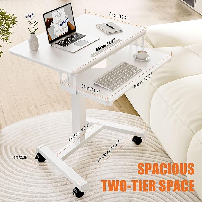 ERGOMAKER Mobile Standing Desk with Keyboard Tray, Gas Spring Rolling Desk with Lockable Wheels, Portable Laptop Desk, Adjustable Height Stand Up Desk, Computer Workstation Home Office, White
