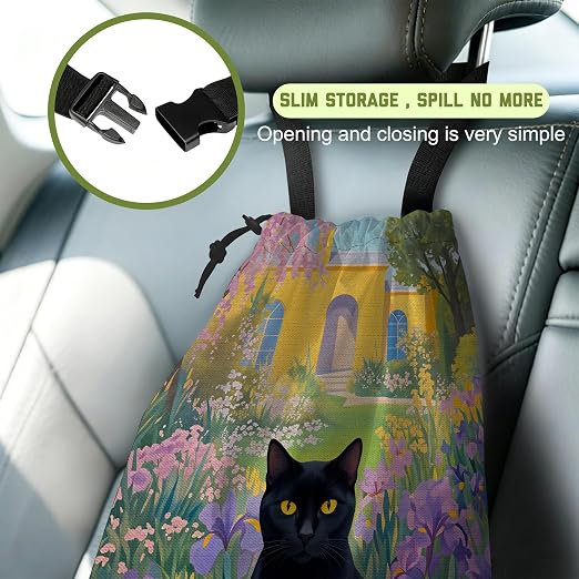 Floral Black Cat Car Trash Bag Vintage Spring Garden Hanging Canvas Car Trash Bag Waterproof Drawstring Car Back Seat Organizer for Car Back Front Seat Console with Adjustable Buckle