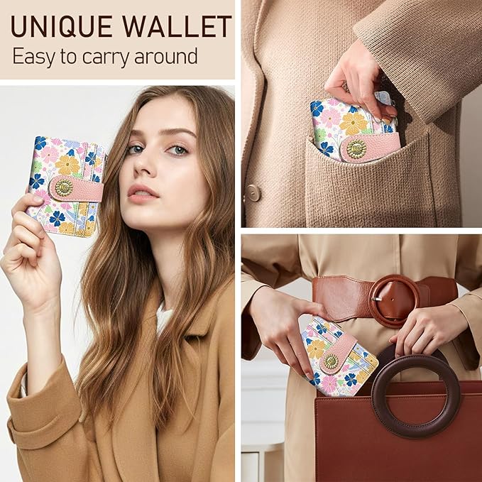 Kelvoris Pastel Art Flower Floral Small Rfid Women Wallet Bifold Zipper Coin Pocket PU Leather Compact Cash Credit Card Holder Travel Wallet for Female Ladies Teen Girls 1 ID Window 10 Card Slots