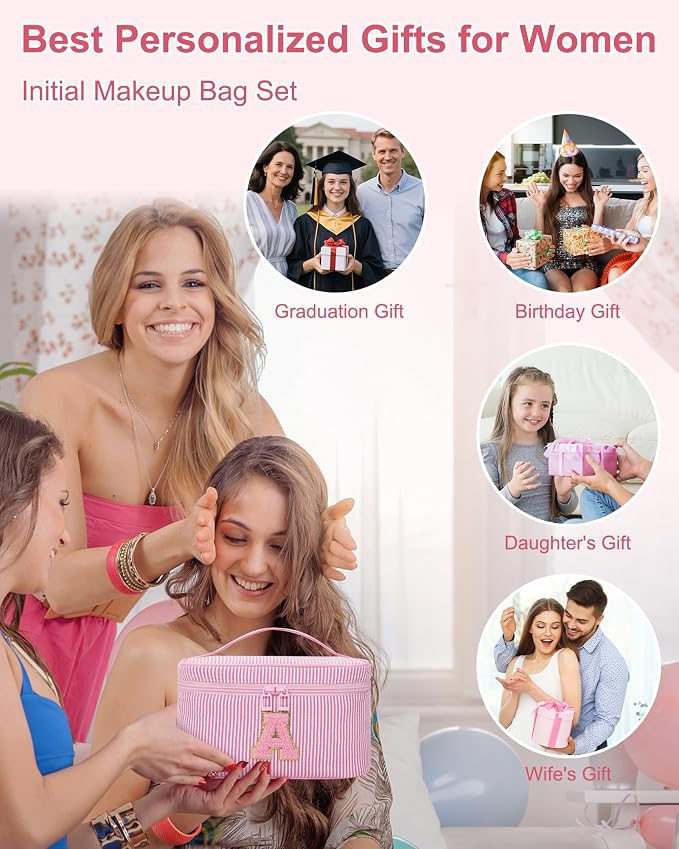MONSTINA Personalized Initial Makeup Bag with Brush Holder for Women,Monogram Make Up Case for Girlfriend Bridesmaid Wife,Birthday Gift for Her Cute Toiletry Bag,2PCS,Pink E
