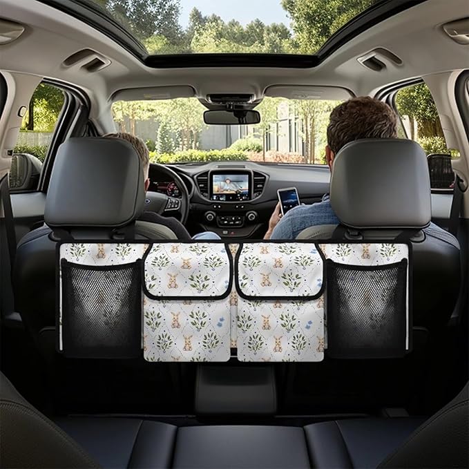 Cute Rabbit Print Car Trunk Organizer with 4 Pockets Foldable Car Backseat Storage Bag Detachable Car Storage Accessories for SUV Sedans Hatchback Crossover Minivan
