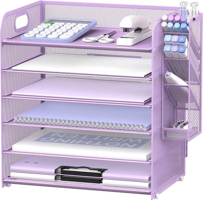 SUPEASY 6 Tier Paper Organizer with 4 Pen Holders, Mesh Letter Tray with Handle, A4 File Organizer, Purple