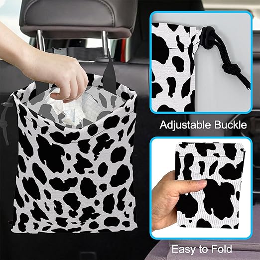 Car Trash Bag Cow Texture Car Garbage Bag Hanging Car Trash Can for Back Seat with Drawstring, Waterproof Garbage Bags for Accessories Vehicle Travelling Camping Outdoor