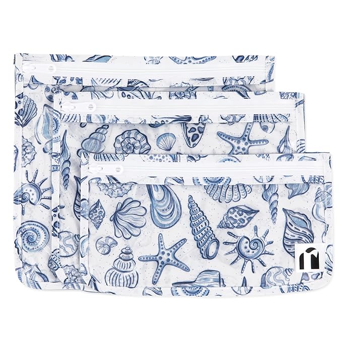 Bumkins Roamio Travel Bag, Toiletry, TSA Approved Pouch, Zip Quart Size Airline Compliant, Clear-Sided, Baby, Diaper Bag Organization, Makeup, Accessories, Carry On, Set of 3 Sizes, Blue Shells
