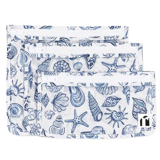 Bumkins Roamio Travel Bag, Toiletry, TSA Approved Pouch, Zip Quart Size Airline Compliant, Clear-Sided, Baby, Diaper Bag Organization, Makeup, Accessories, Carry On, Set of 3 Sizes, Blue Shells