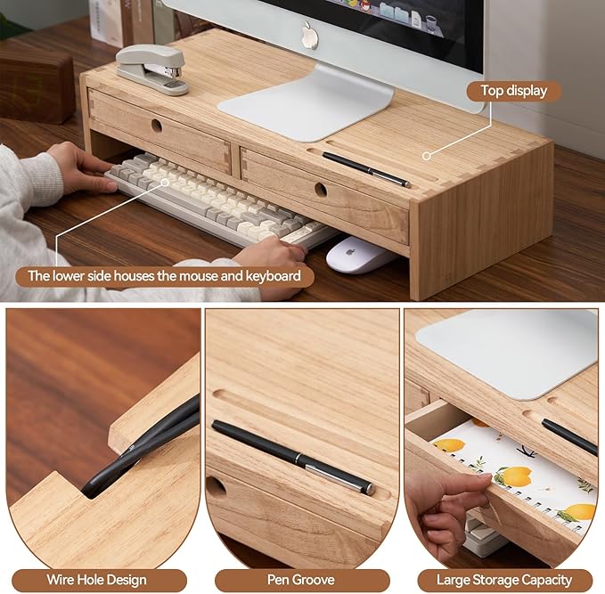KIRIGEN Wood Monitor Stand with 2 Drawers, Solid Wood Computer Monitor Riser for Desk, Desktop Organizer Shelf with Cable Management, Pen Slots, Natural, No Assembly PMJ-NA