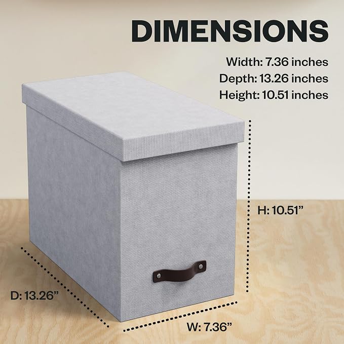 Bigso John Desktop File Box - Storage Solution and Document Organizer for Important Paperwork - Durable Hanging File Box with a Lid and Leather Handle - 7.36 in x 13.26 in x 10.51 in - Ash