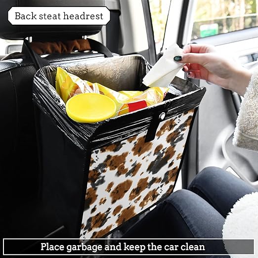 Brown Cow Print Car Trash Can Black White Animal Skin Foldable Hanging Car Trash Bag Bin Auto Garbage Can Leak-Proof Car Organizer(Large)